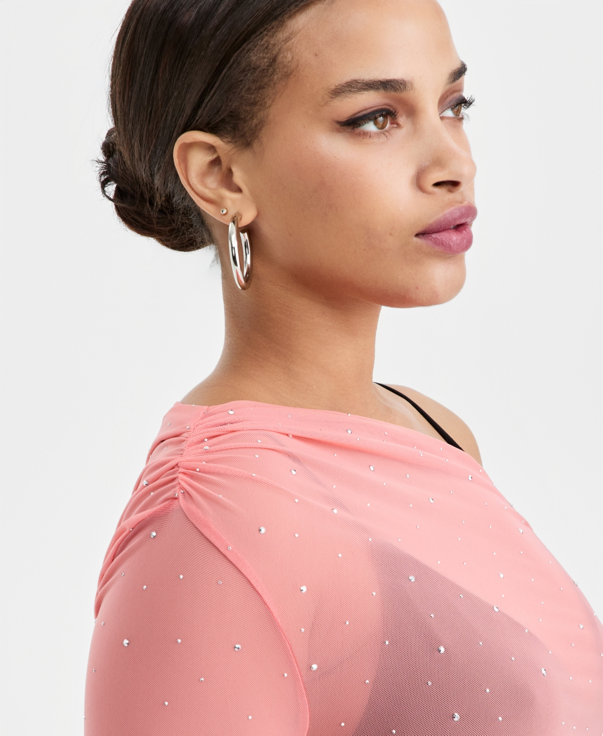 Bar Iii Women's Asymmetric Embellished Mesh Top, Macy's Exclusive In Pink