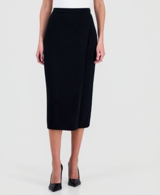 Women's Merino Wool Ribbed Knit Faux-Wrap Midi Skirt