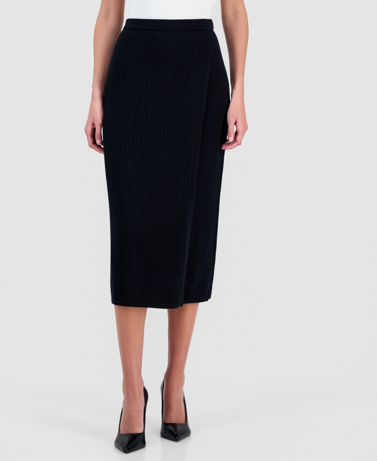 Anne Klein Women's Ribbed Knit Faux-wrap Midi Skirt In Black