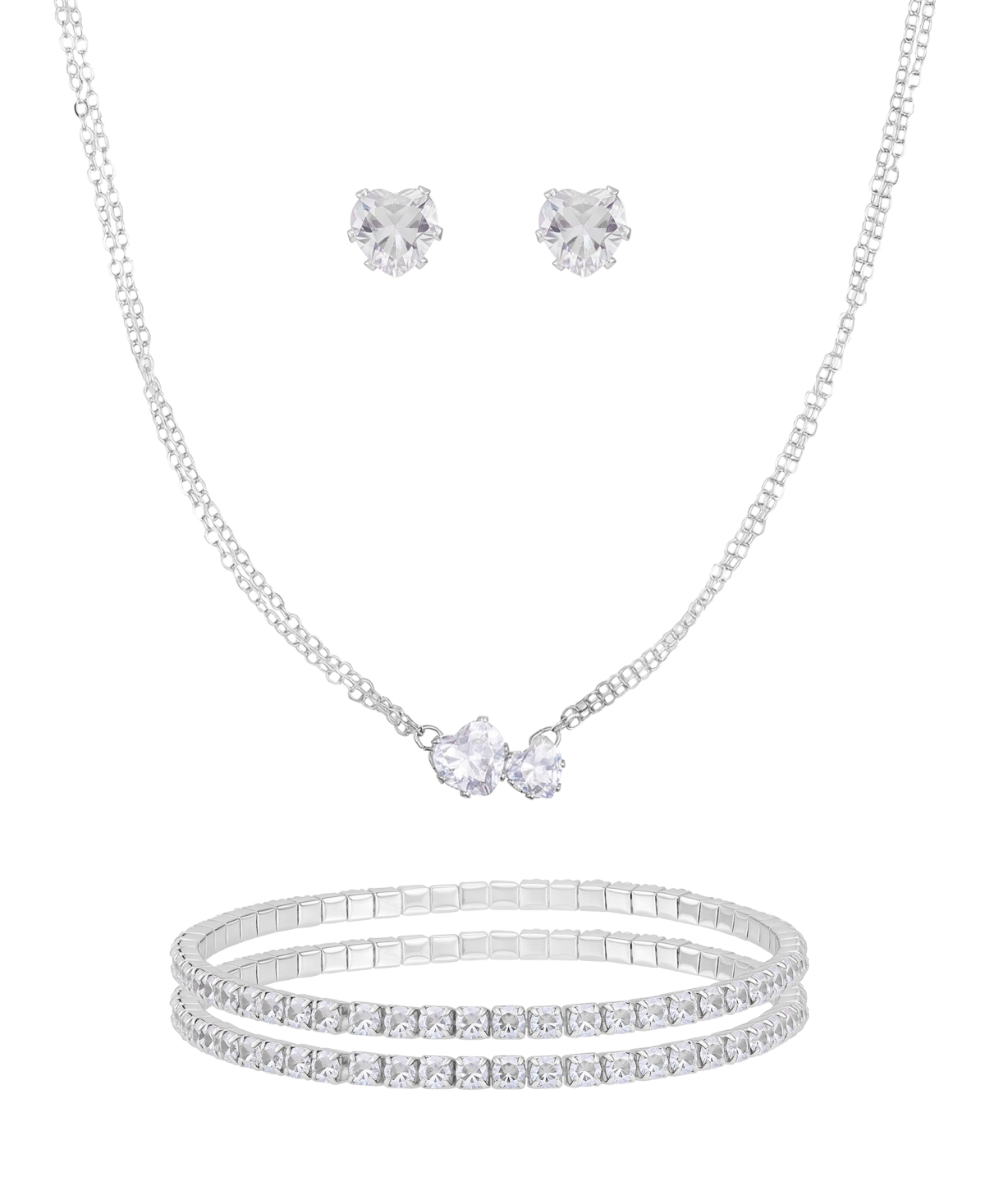 Guess 3-pc. Cubic Zirconia Gold-tone Heart Necklace, Stud Earrings, And Bracelet Gift Set In Silver
