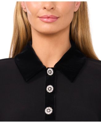 Women's Mix Media Collared Neck Long Sleeve Top