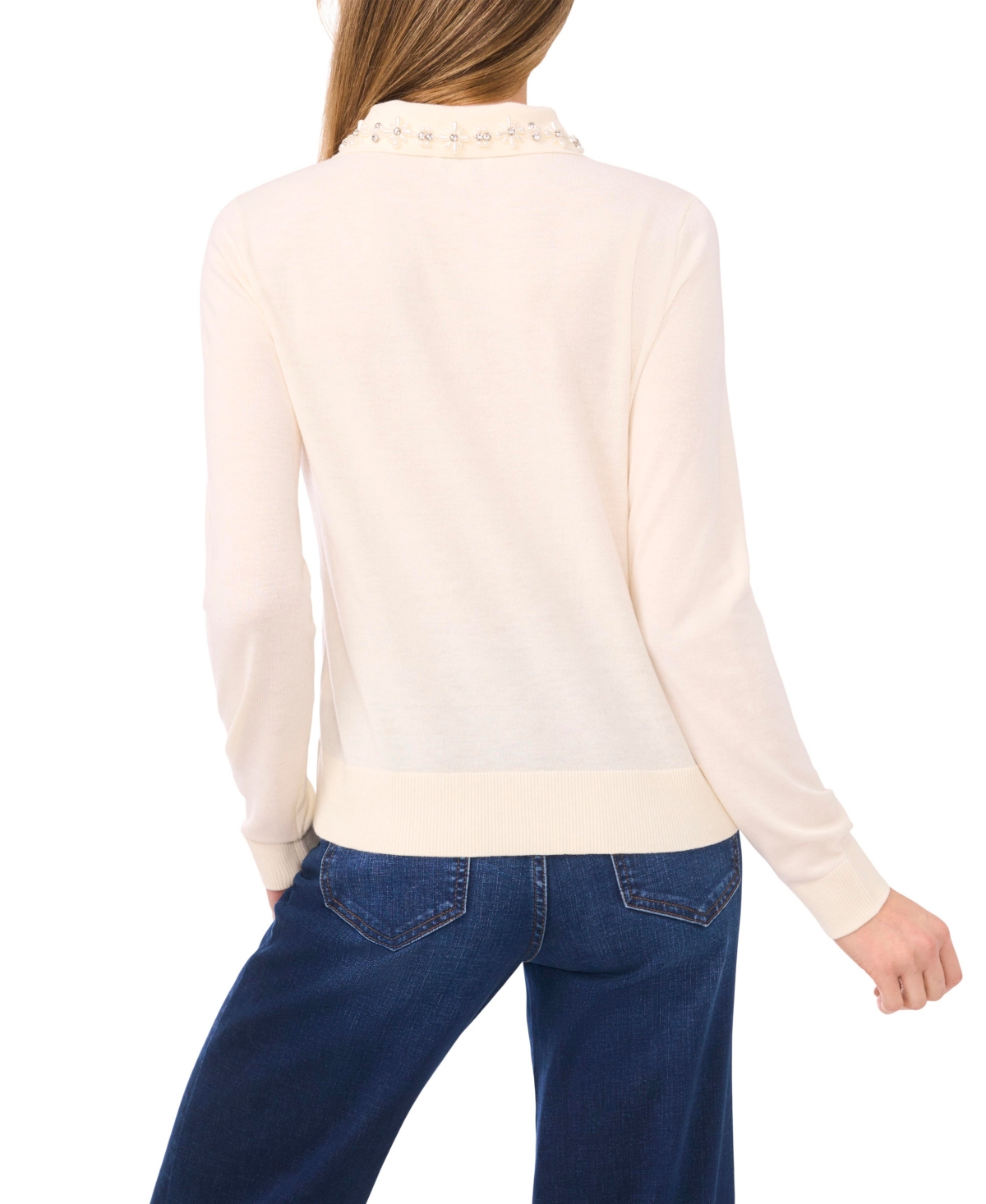 CeCe Women's Collared Neck Embellished Polo Sweater
