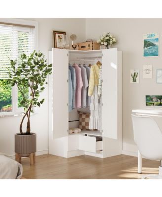 1Pc Wood 2-Drawer & 2-Hold Bar, L-Shaped Corner Wardrobe Armoire