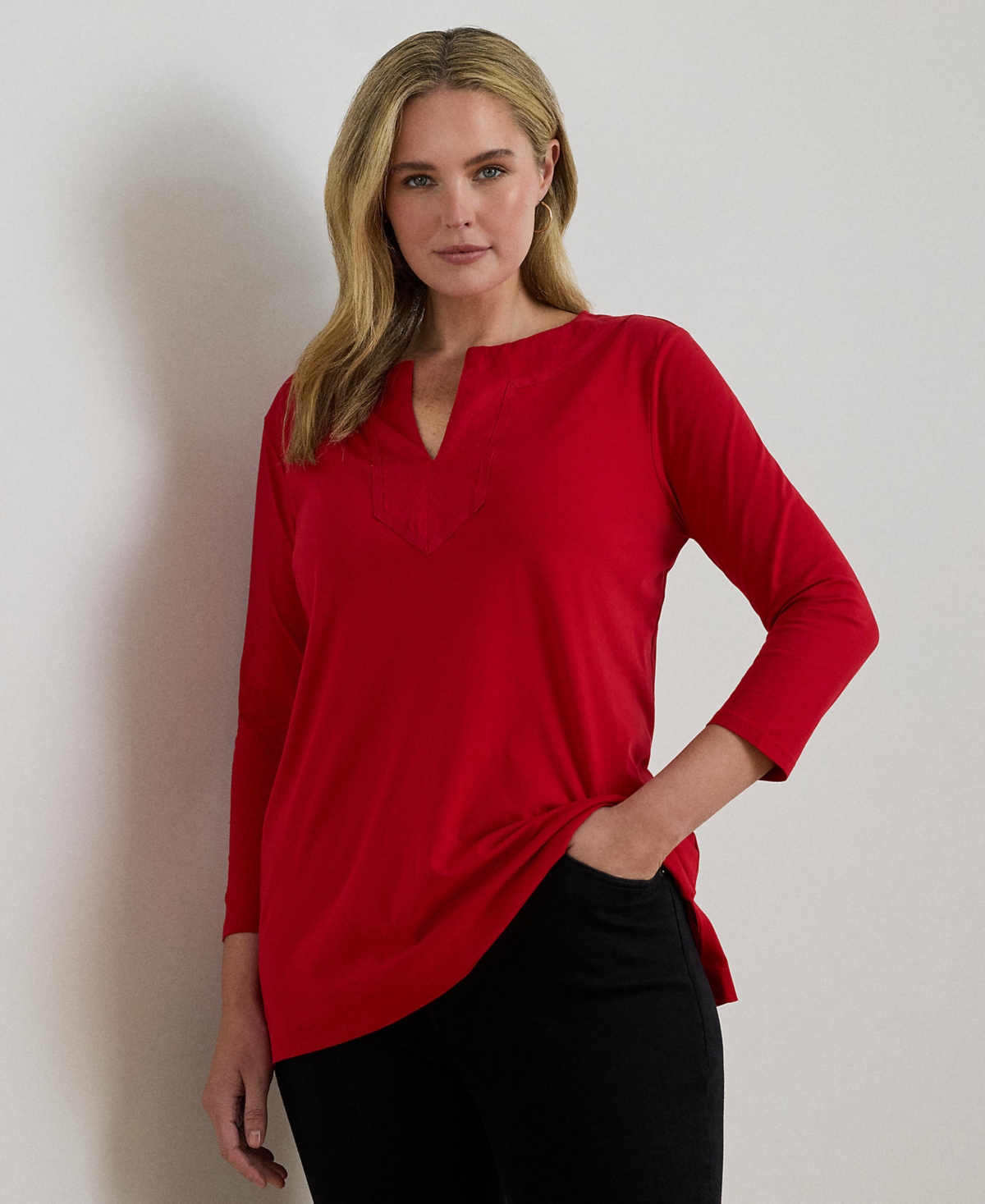 Ralph Lauren Plus Size Jersey Three-quarter-sleeve Tunic In Red