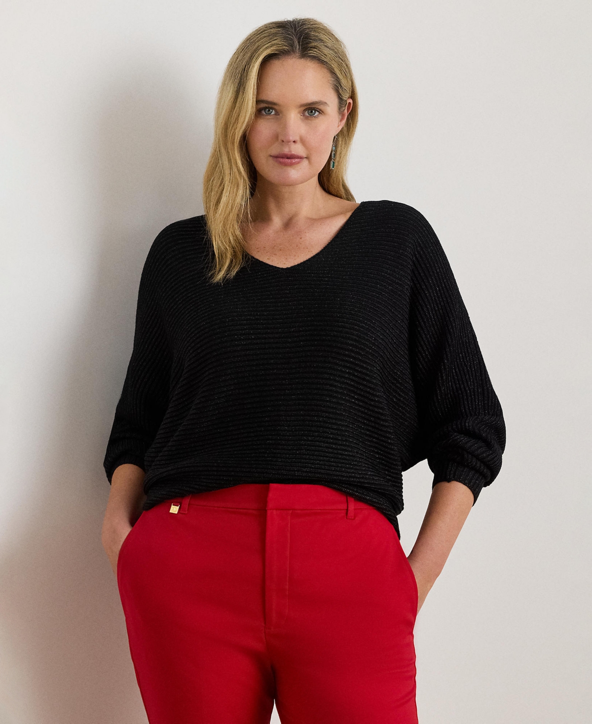 Ralph Lauren Plus Size Metallic Rib-knit Dolman-sleeve Sweater In Black
