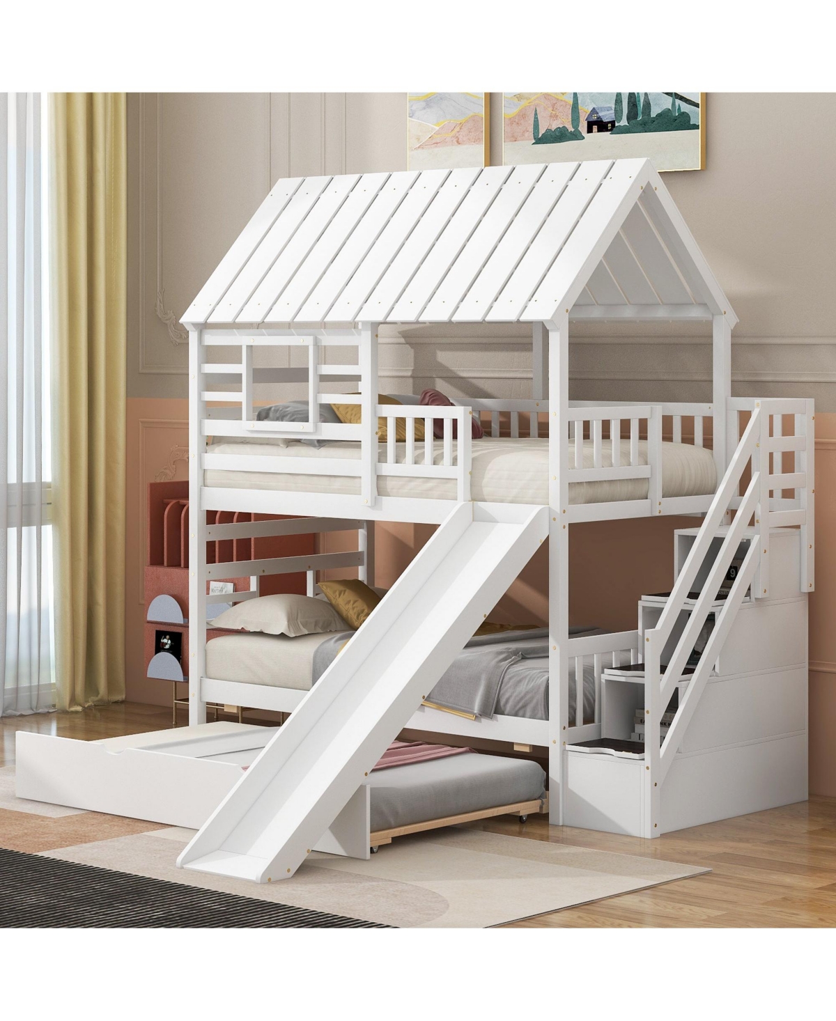 Boyel Living Twin over House Bunk Bed with Trundle and Slide, Storage Staircase, Roof Window Design