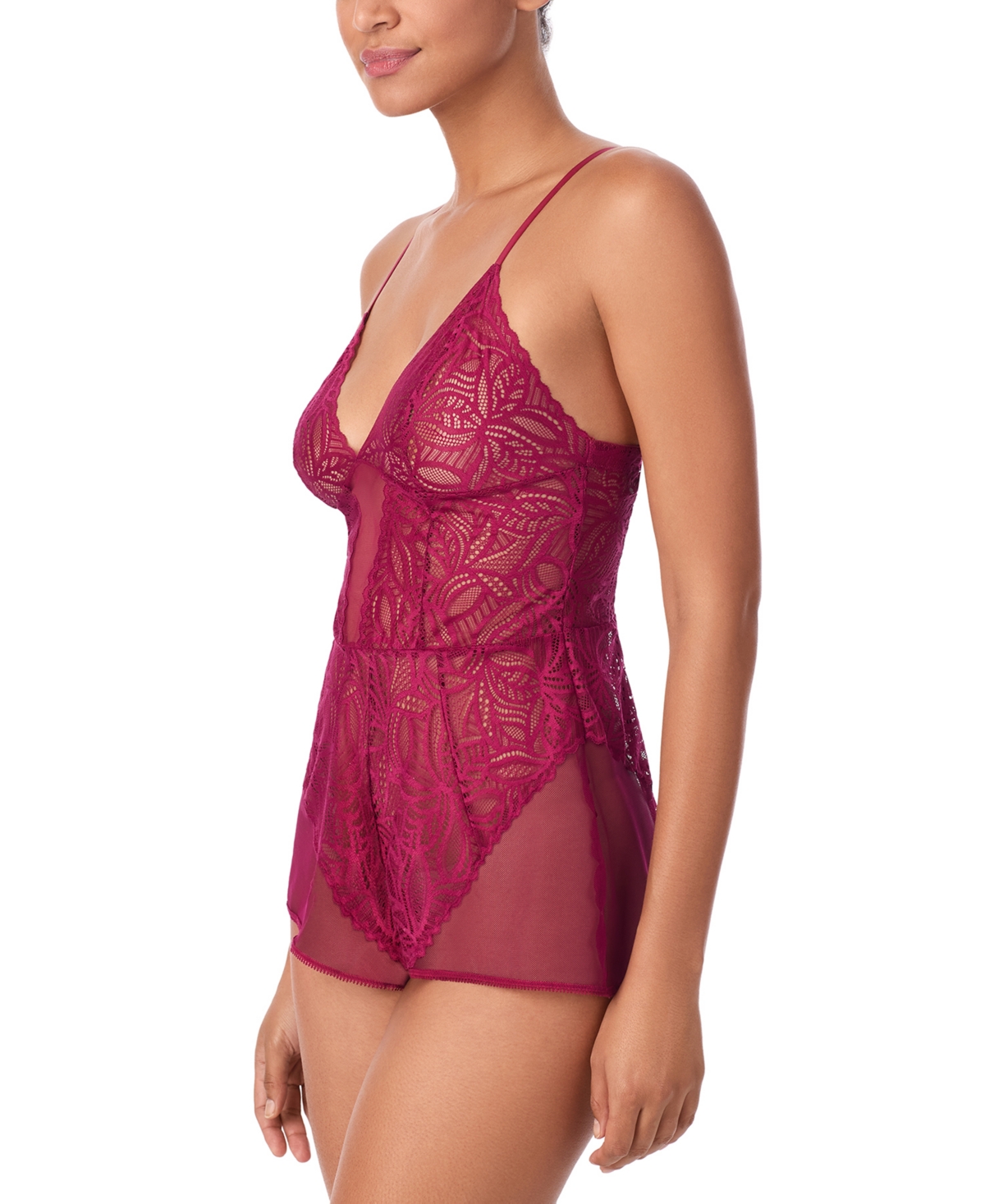 Dkny Deco Lace & Mesh Romper In Purple