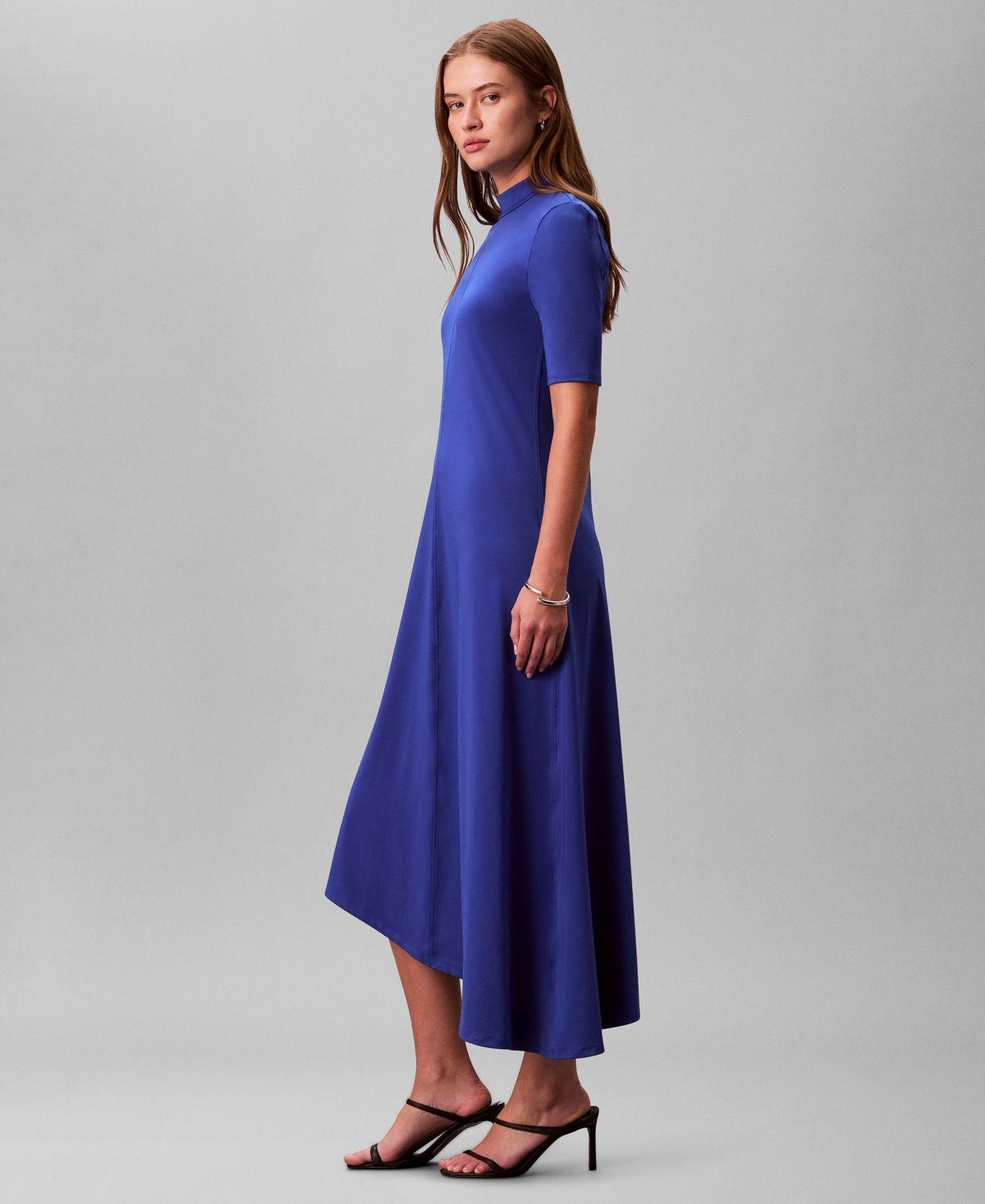 Calvin Klein Women's Asymmetric Drape Short Sleeve Midi Dress In Blue