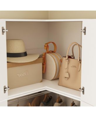 Bedroom Corner Armoire with Top Cabinet, Wardrobe with 2-Drawers and 2-Hold Bar