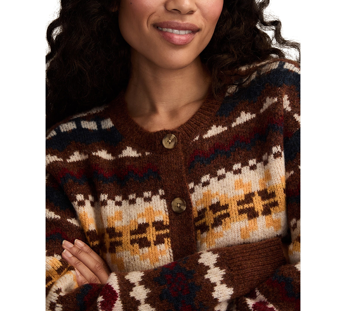 Lucky Brand Women's Fair Isle Crew Neck Cardigan Sweater