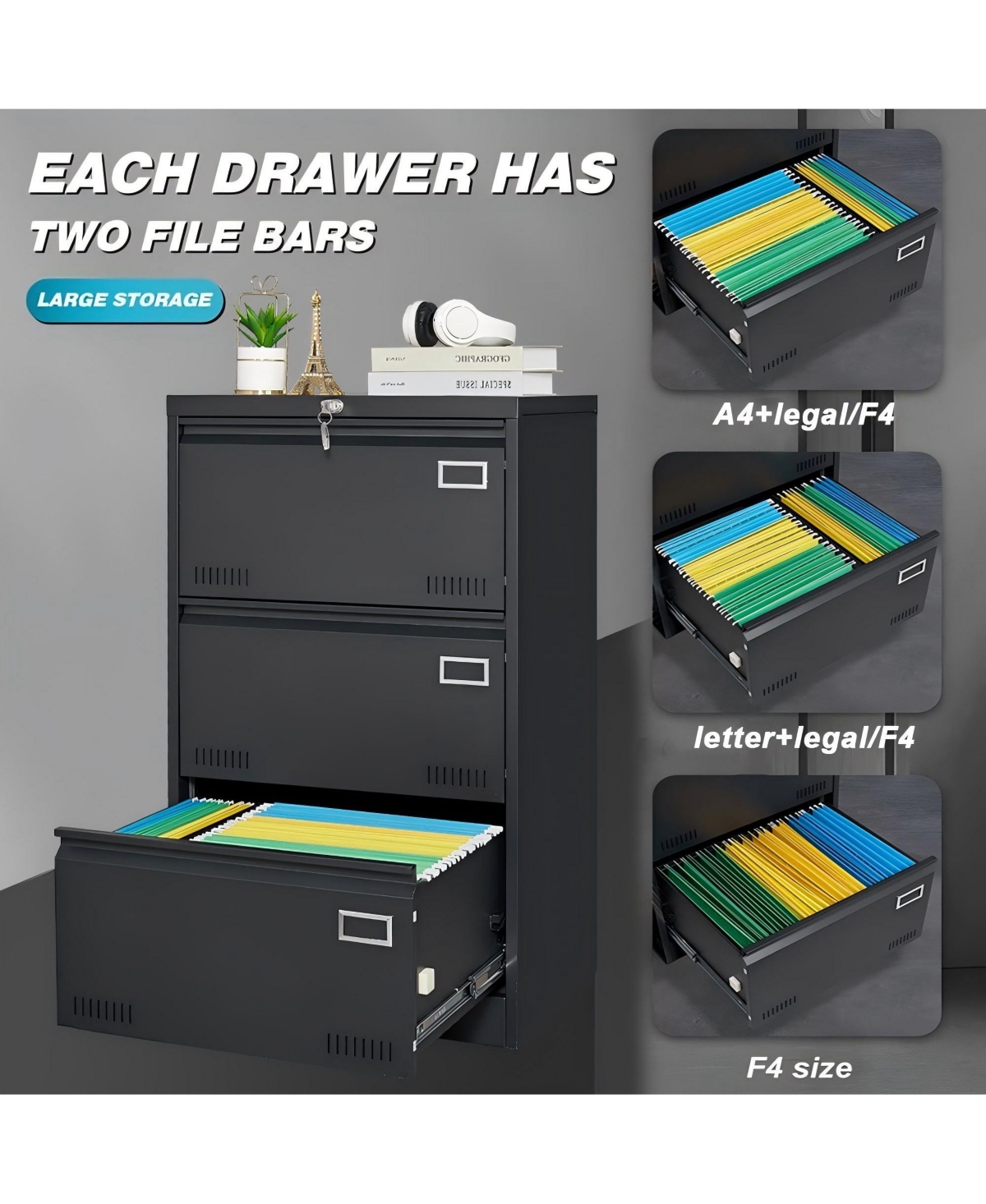 3 Drawer File Cabinet with Lock Metal Vertical Office Home, A4 Legal/Letter Narrow Locked