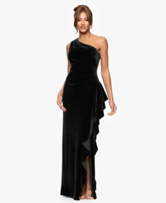 Women's Velvet One Shoulder Long Ruffle Dress