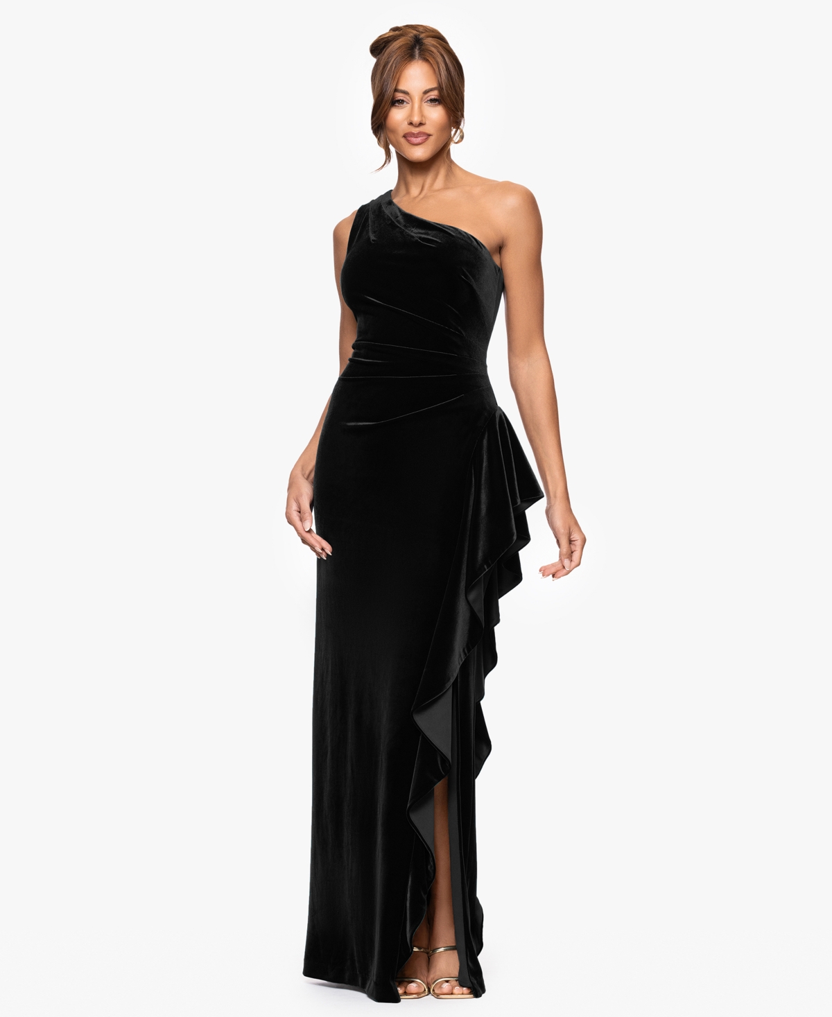 Xscape Women's Velvet One Shoulder Long Ruffle Dress In Black