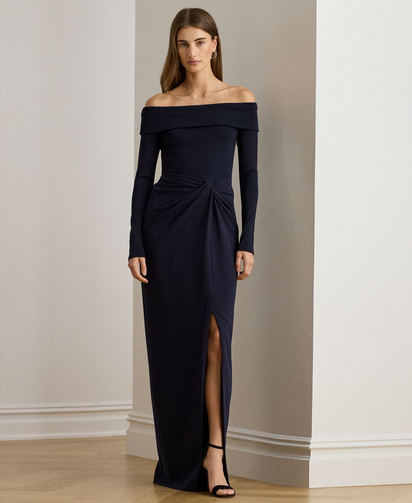 Женские платья Lauren Ralph Lauren Rib-Knit Off-The-Shoulder Gown, цвет: Тёмно-синий — фото 1