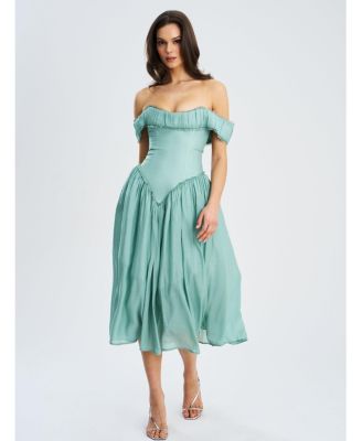 Women's Xavy Teal Green Off Shoulder Corset Midi Dress