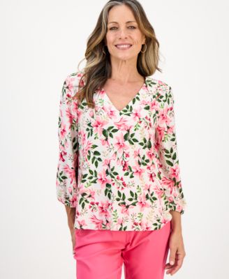 JM Collection - Petite Bethany Bouquet 3/4-Sleeve Jacquard Top