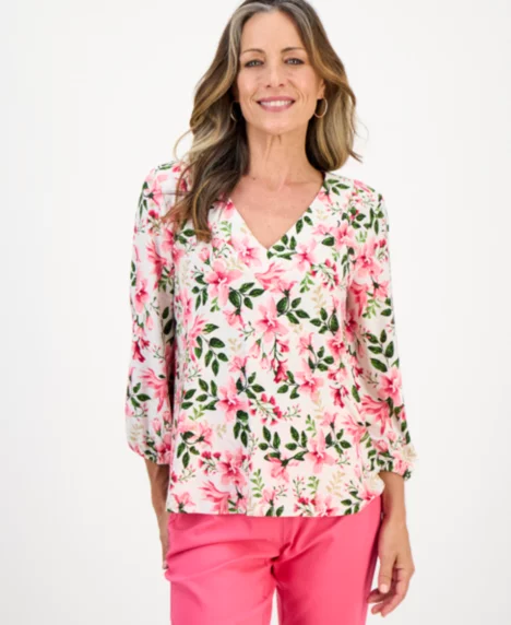 Petite Bethany Bouquet 3/4-Sleeve Jacquard Top - Neo Natural