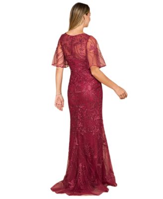 Women's Overskirt Lace Fitted V-Neck Gown with Cape Sleeves