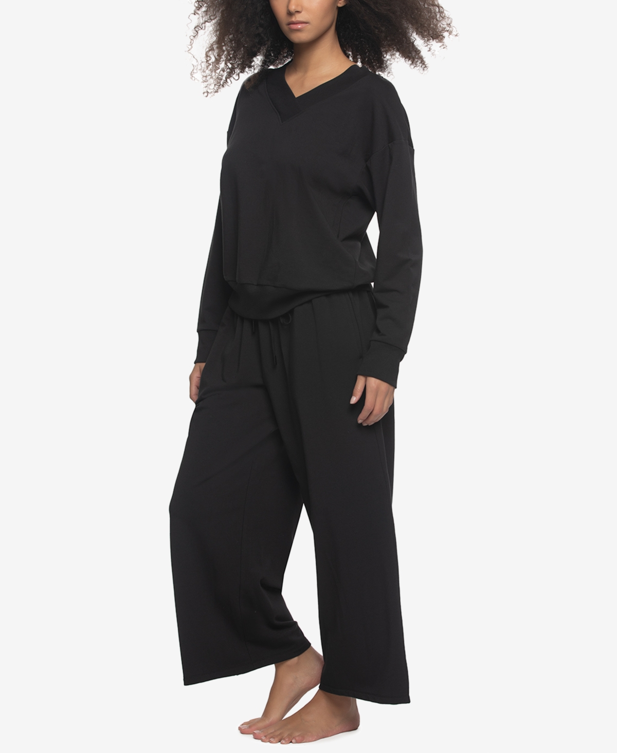 Felina Women's Regular Kimora French Terry V-neck Sweatshirt With Wide Leg Pants In Black