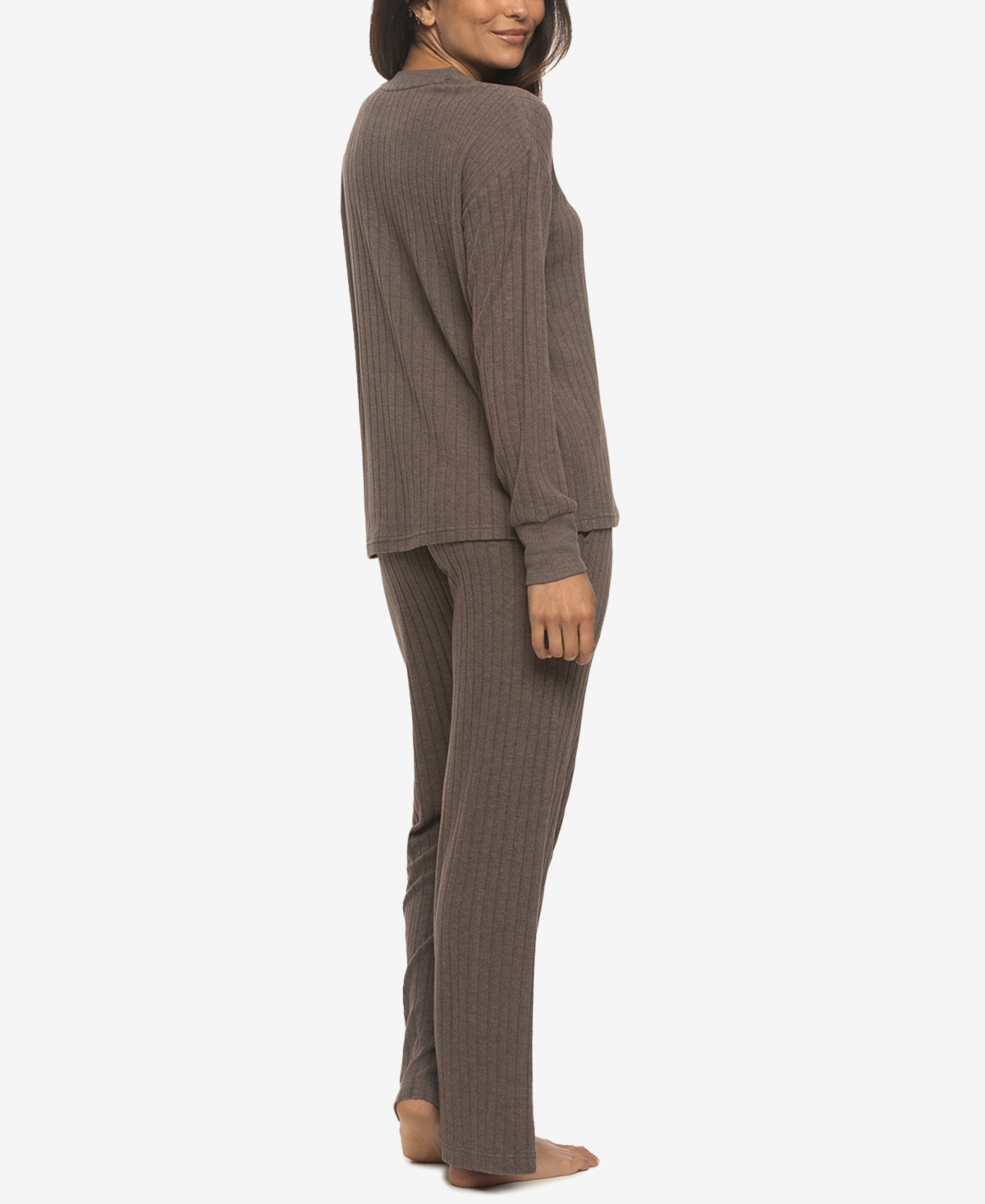 Felina Women's Regular Serena Crew Neck Pullover Brushed Rib Lounge Set In Brown