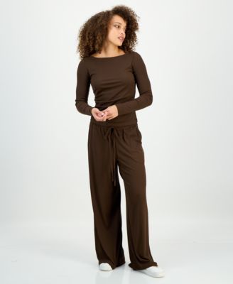 Petite Ribbed Knit High Rise Drawstring Wide-Leg Pants, Macy's Exclusive