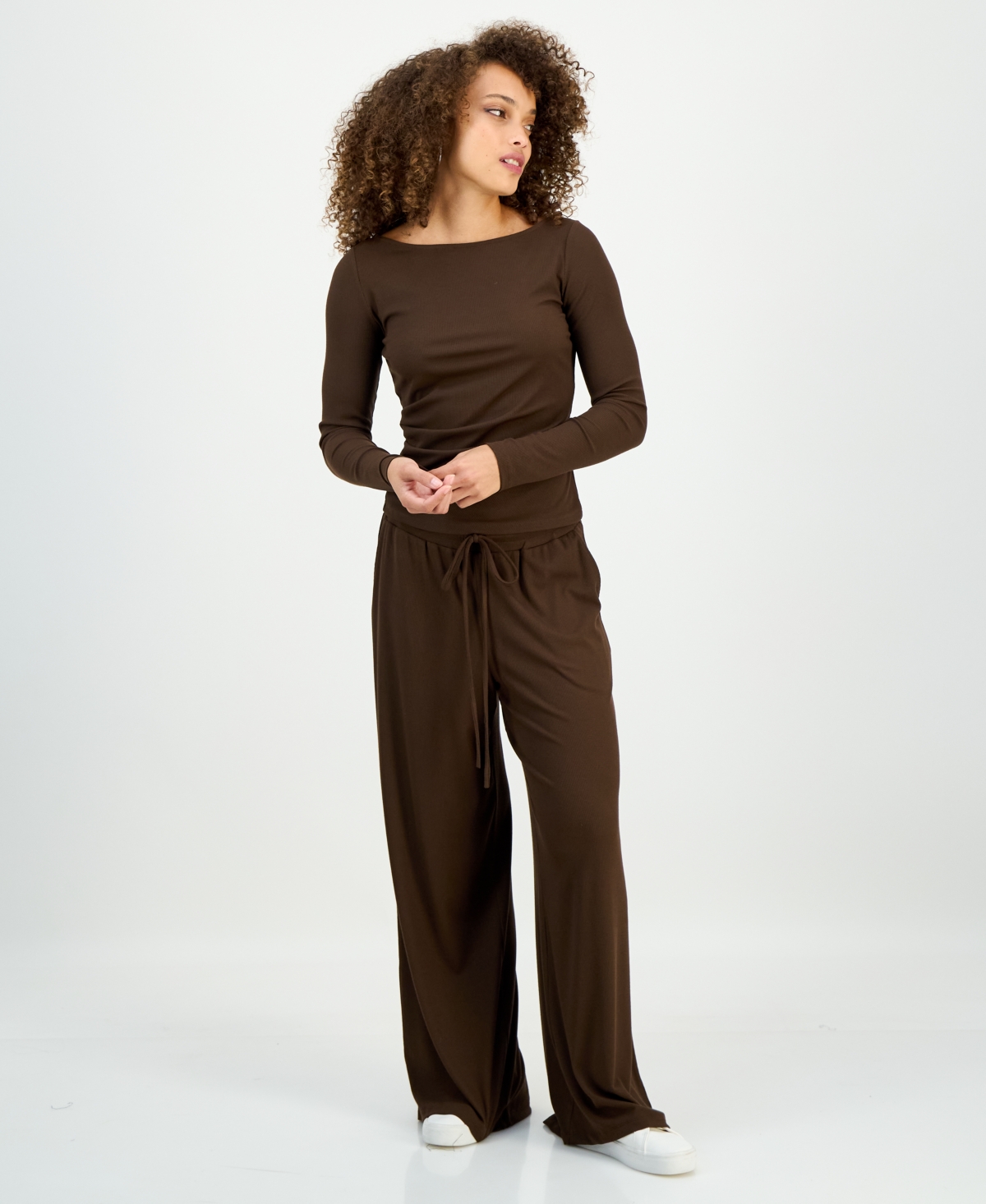 Inc International Concepts Petite Ribbed Knit High Rise Wide-leg Pants, Macy's Exclusive In Brown