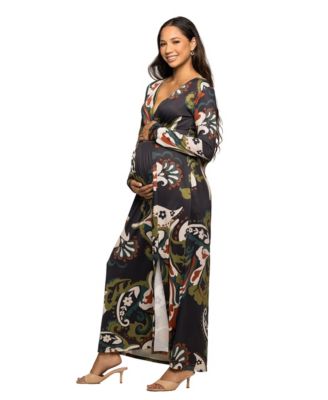 Women's Maternity Green Paisley Print Long Sleeve Wrap Maxi Dress