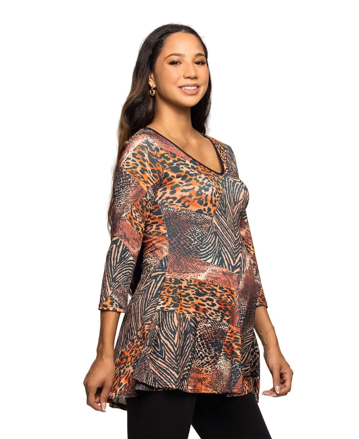 24seven Comfort Apparel Women's Maternity V Neck Tunic Top In Animal Print
