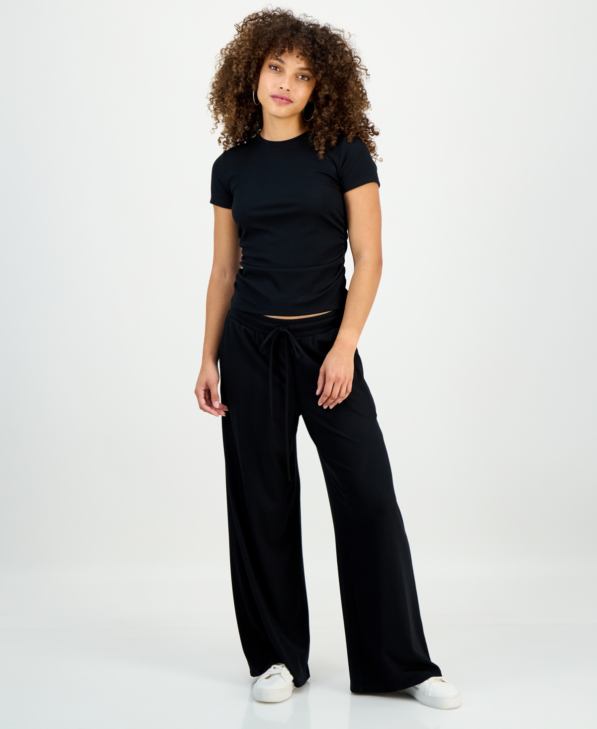 Inc International Concepts Petite Side-ruched Ribbed Knit T-shirt, Macy's Exclusive In Black
