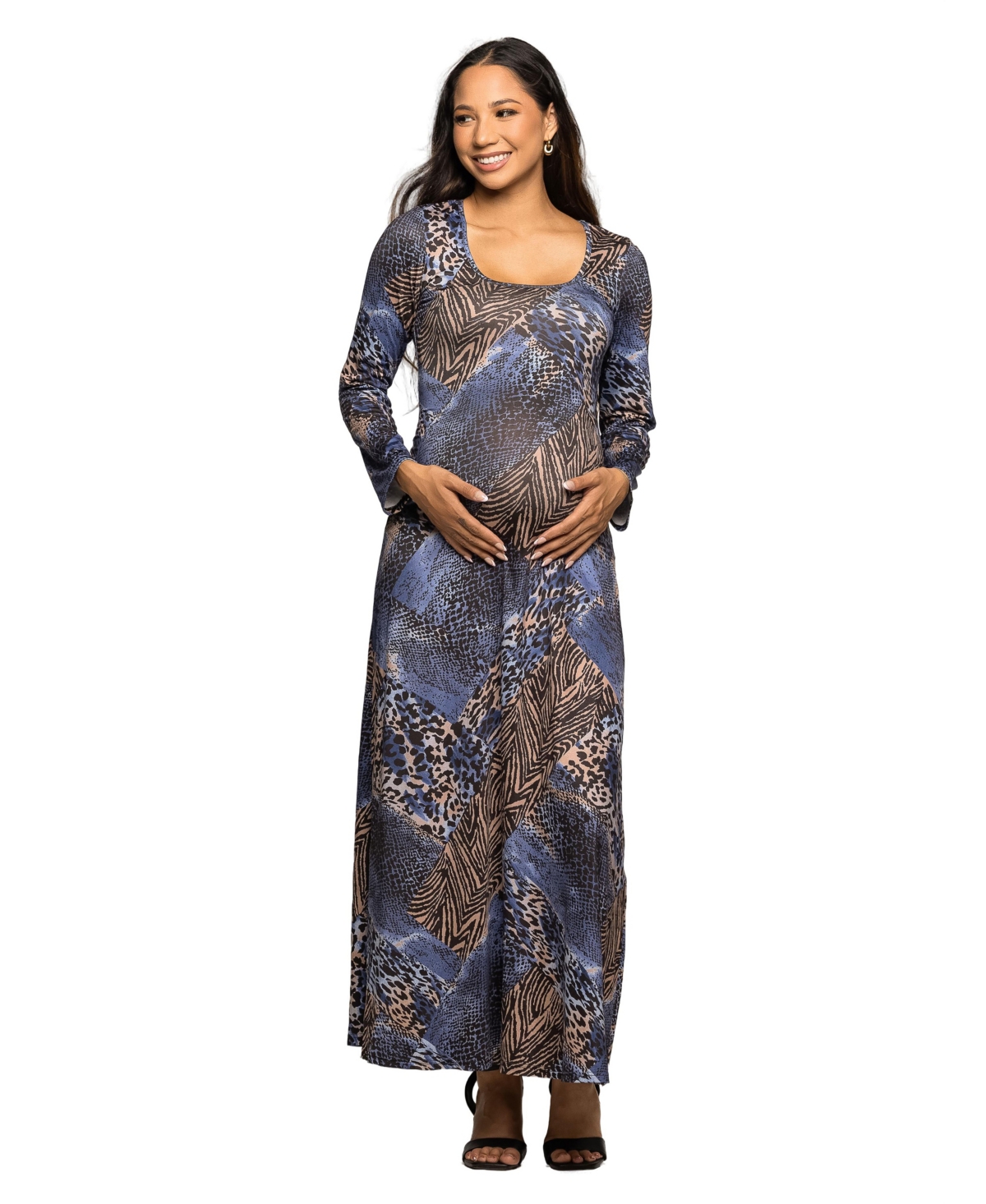 24seven Comfort Apparel Women's Maternity Blue Animal Print Long Sleeve Maxi Dress