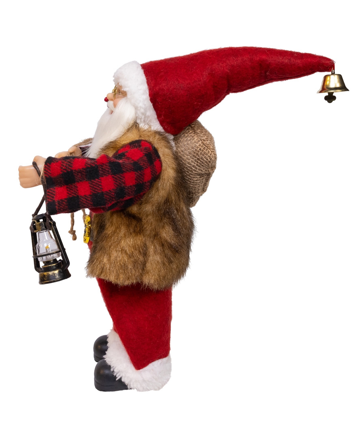 Kurt Adler 12-inch Standing Christmas Santa With Plaid Shirt, Sack And Lantern In Red