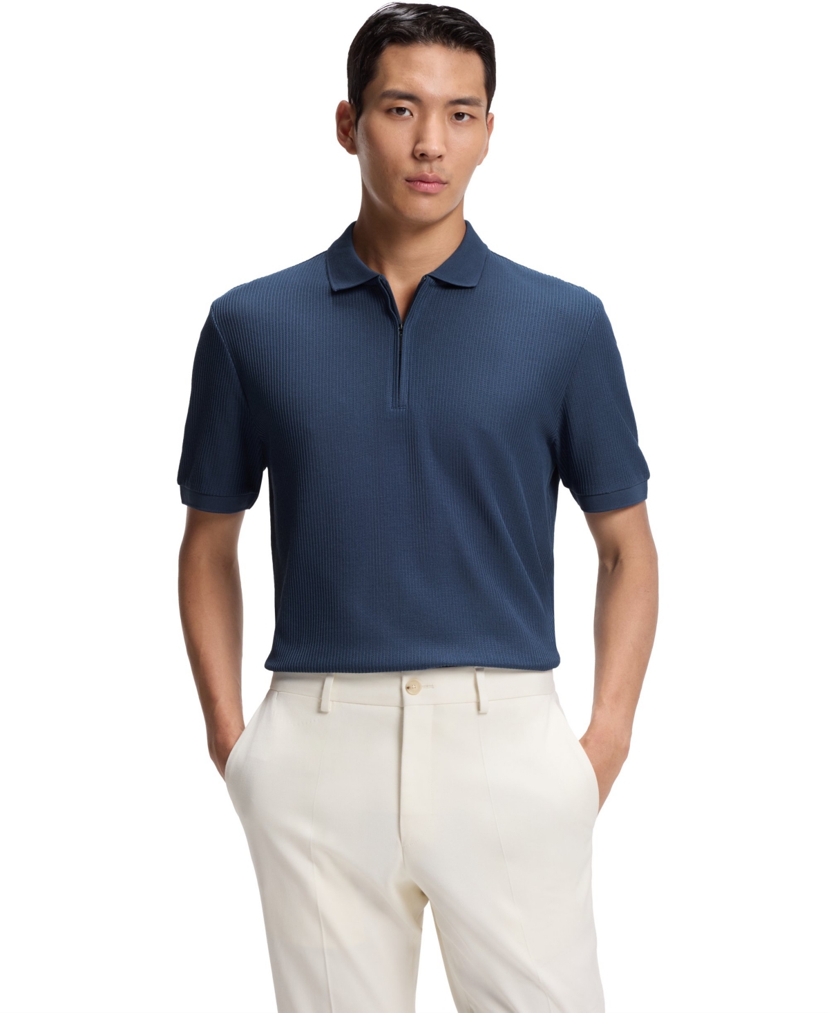 Hugo Boss Boss By  Men's Zip Placket Structured-cotton Polo Shirt In Blue