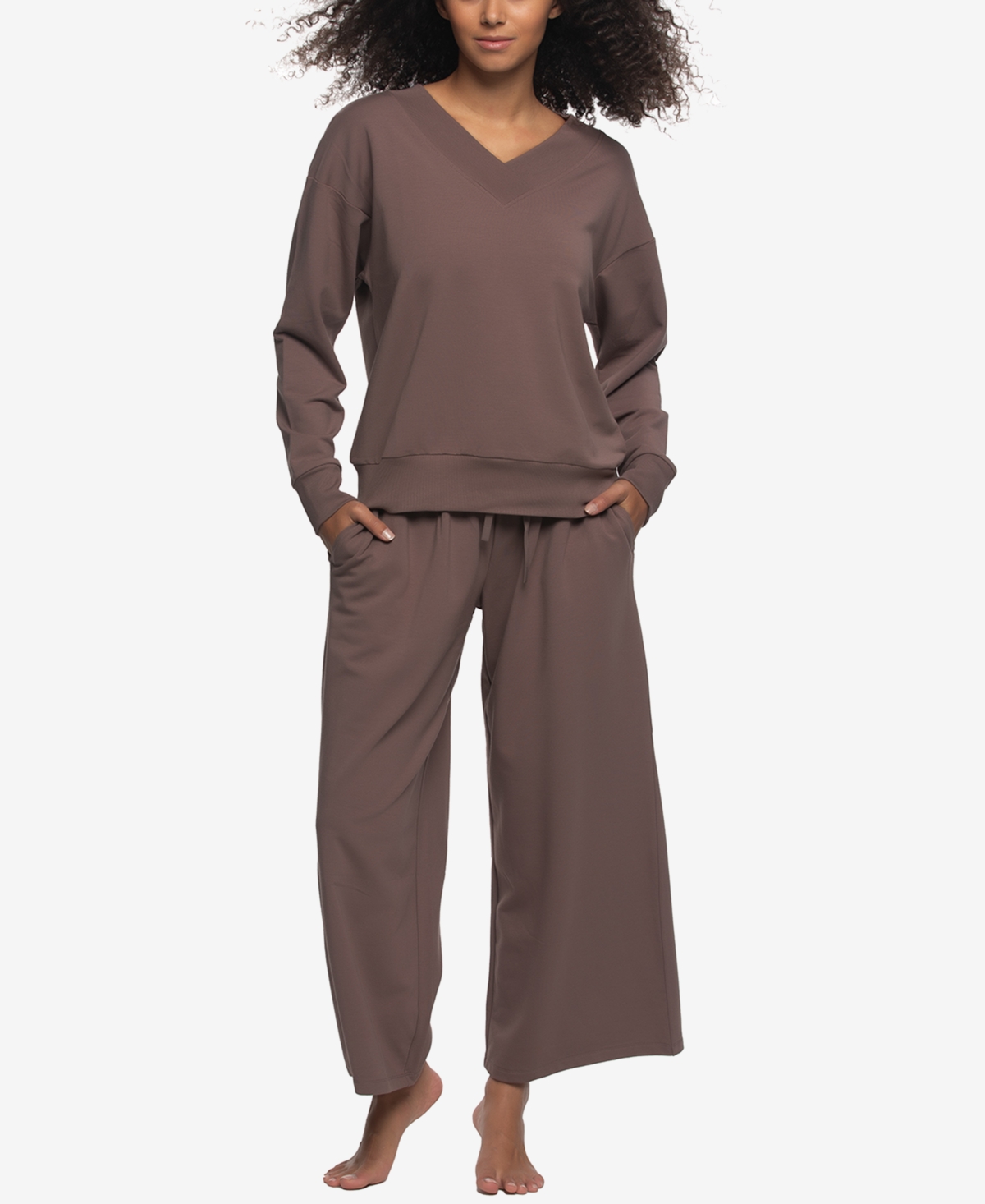 Felina Women's Regular Kimora French Terry V-neck Sweatshirt With Wide Leg Pants In Brown