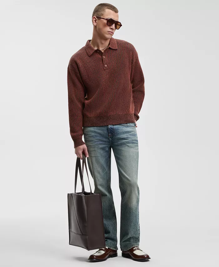 Men's Relaxed Fit Plaited Long Sleeve Polo Sweater - thumbnail 5