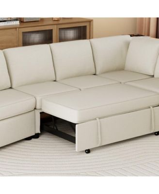 124.8'' L-Shaped Pull Out Sleeper Sofa Bed with USB Ports & Power Outlets, Convertible Sectional Couch for Living Room