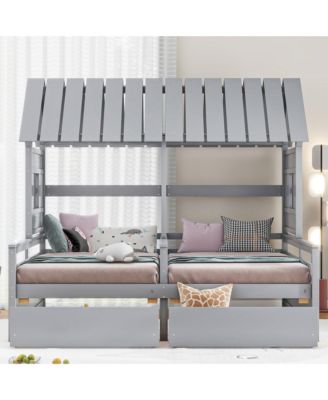 Twin Size House Platform Beds with Two Drawers for Boy and Girl Shared Beds, Combination of 2 Side by Side Twin Size Beds