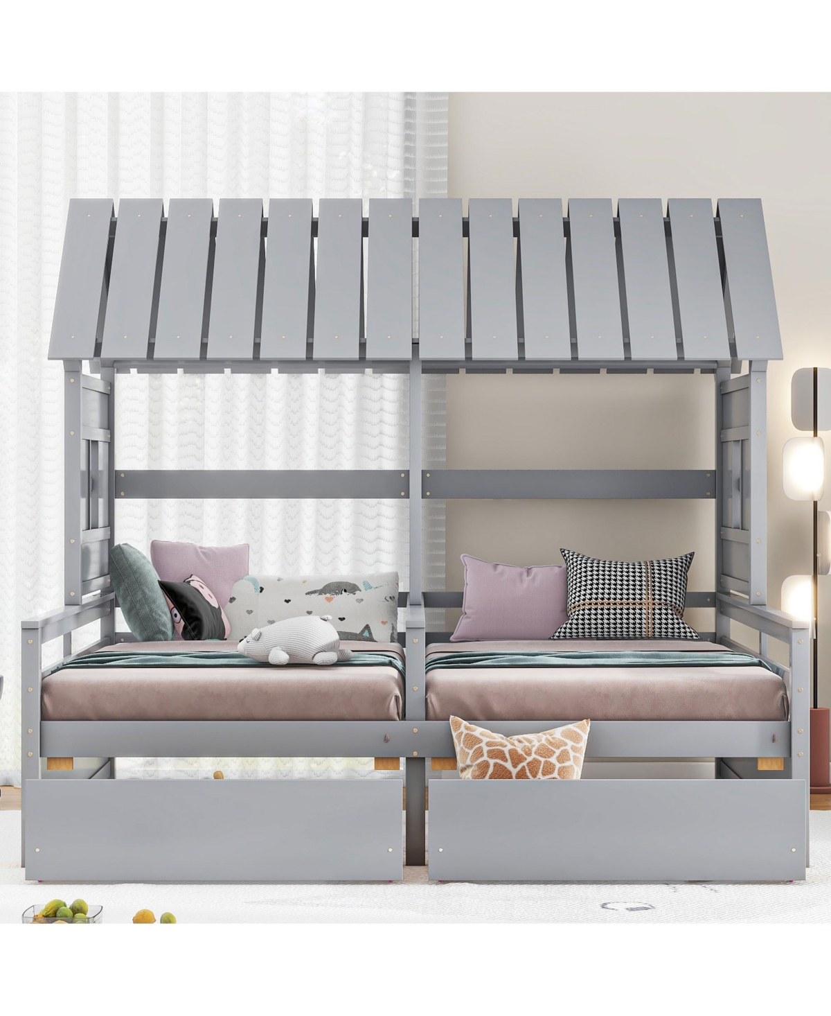 Twin House Platform Beds with Two Drawers for Boy and Girl Shared Beds, Combination of 2 Side by
