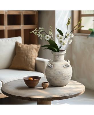 Rustic Off-White with Gray 12.4-Inch Tall Terracotta Urn Vase