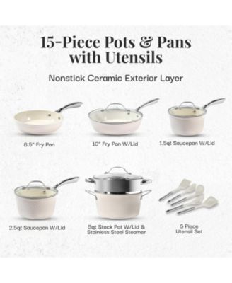 Hammered Cream 15-Piece Ceramic Nonstick Cookware set with Utensils