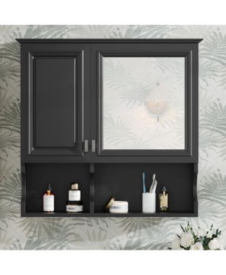 30'' Mirror Medicine Cabinet with Open Shelves, Doors & Adjustable Shelf for Bathroom Storage