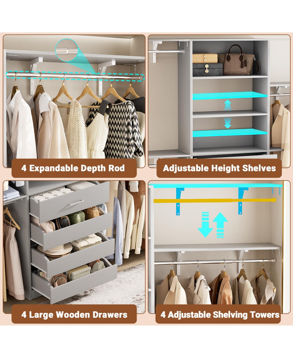 Aheaplus 96 inches Closet Organizer System with 4 Reversible Shelves and 4 Wood Drawers, Wardrobe Clothes Rack with 4 Hanging Rods