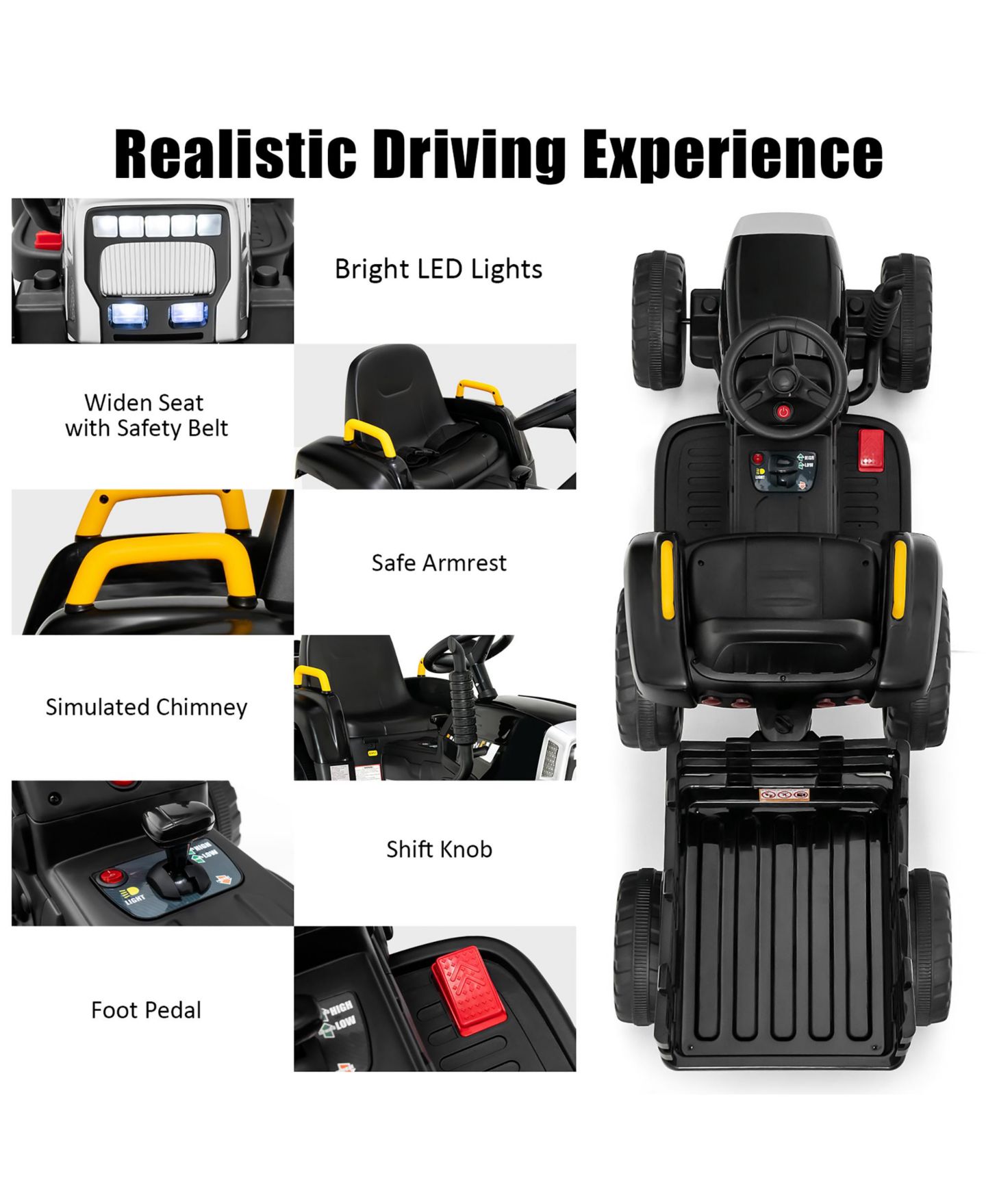 Детская игрушка Costway 12V Ride-On Tractor with Remote Control and Detachable Trailer, 66 lbs Capacity, Ages 3+, цвет: Чёрный — фото 7