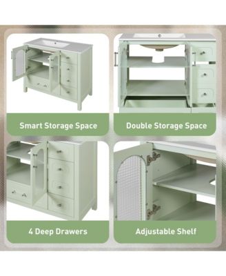 36-Inch Bathroom Cabinet with Waffle Texture Doors, Four Drawers, Two Soft-Close Doors & Glass Storage