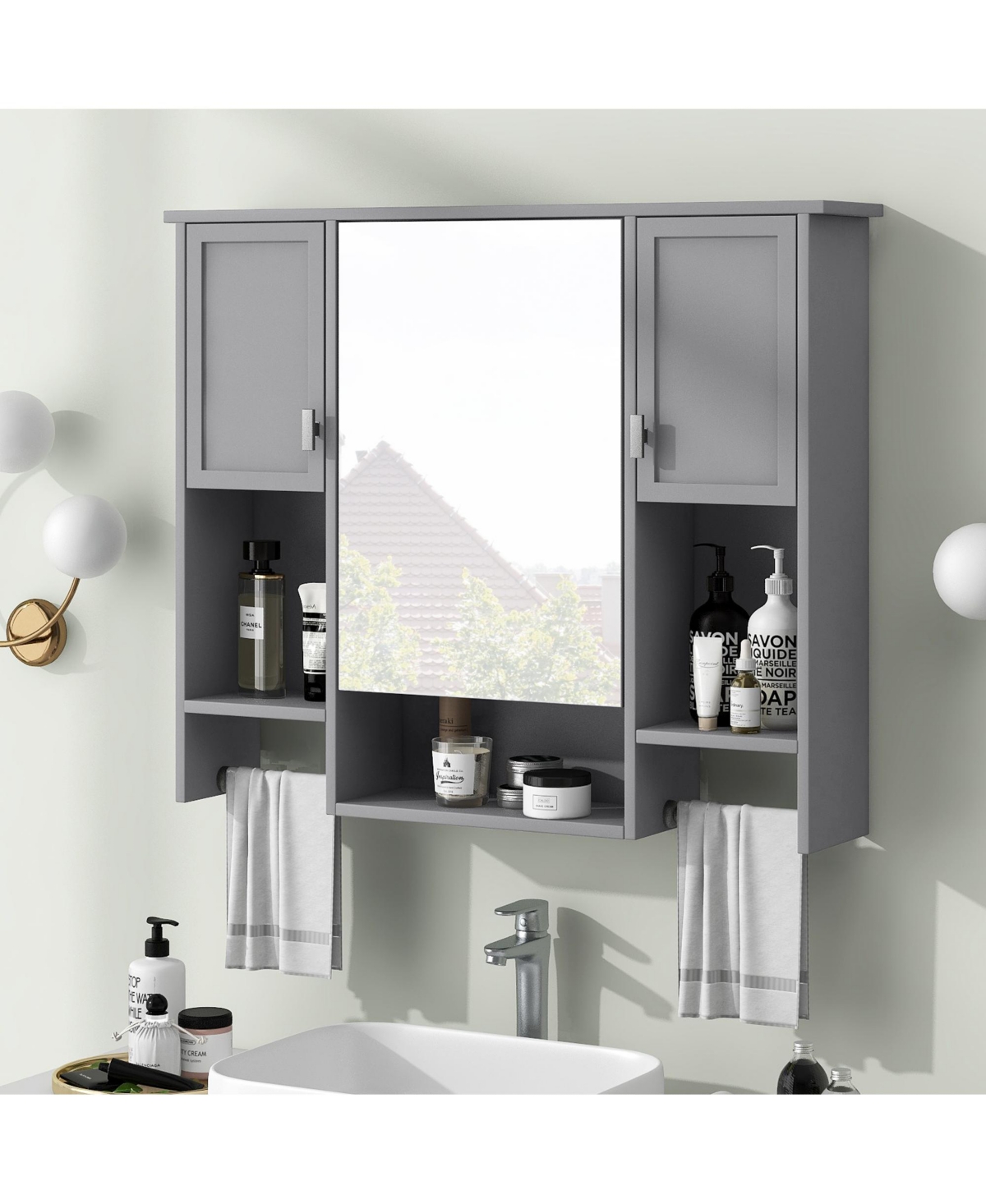 Casainc 35'' x 28'' Modern Wall Mounted Bathroom Storage Cabinet with Mirror & Towel Bar