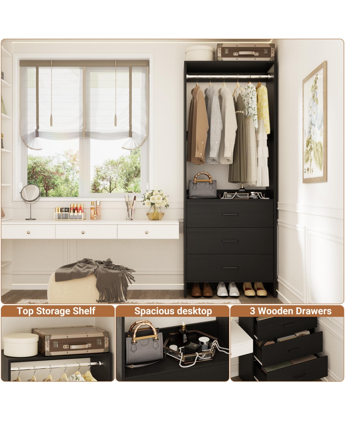 24" Freestanding Closet Organizer System with Hanging Rods and Drawers