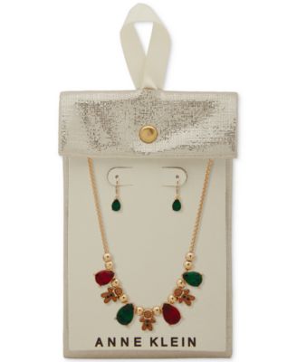 2-Pc. Siam and Emerald Stone Gold-Tone Frontal Necklace and Earrings Set