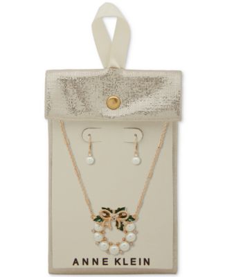 2-Pc. Imitation Pearl and Enamel Wreath Pendant Necklace and Earrings Set