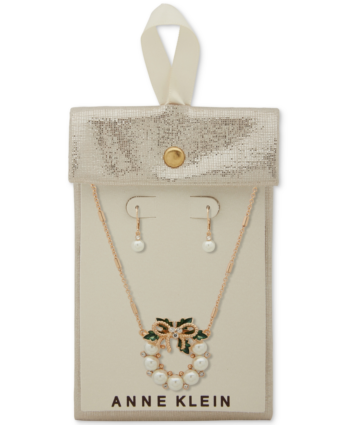 Anne Klein 2-pc. Imitation Pearl And Enamel Wreath Pendant Necklace And Earrings Set In Gold