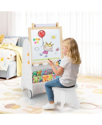 4-in-1 Kids Art Easel with Stool with Magnetic Whiteboard Chalkboard & Paper Roll