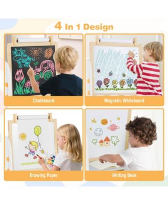 4-in-1 Kids Art Easel with Stool with Magnetic Whiteboard Chalkboard & Paper Roll
